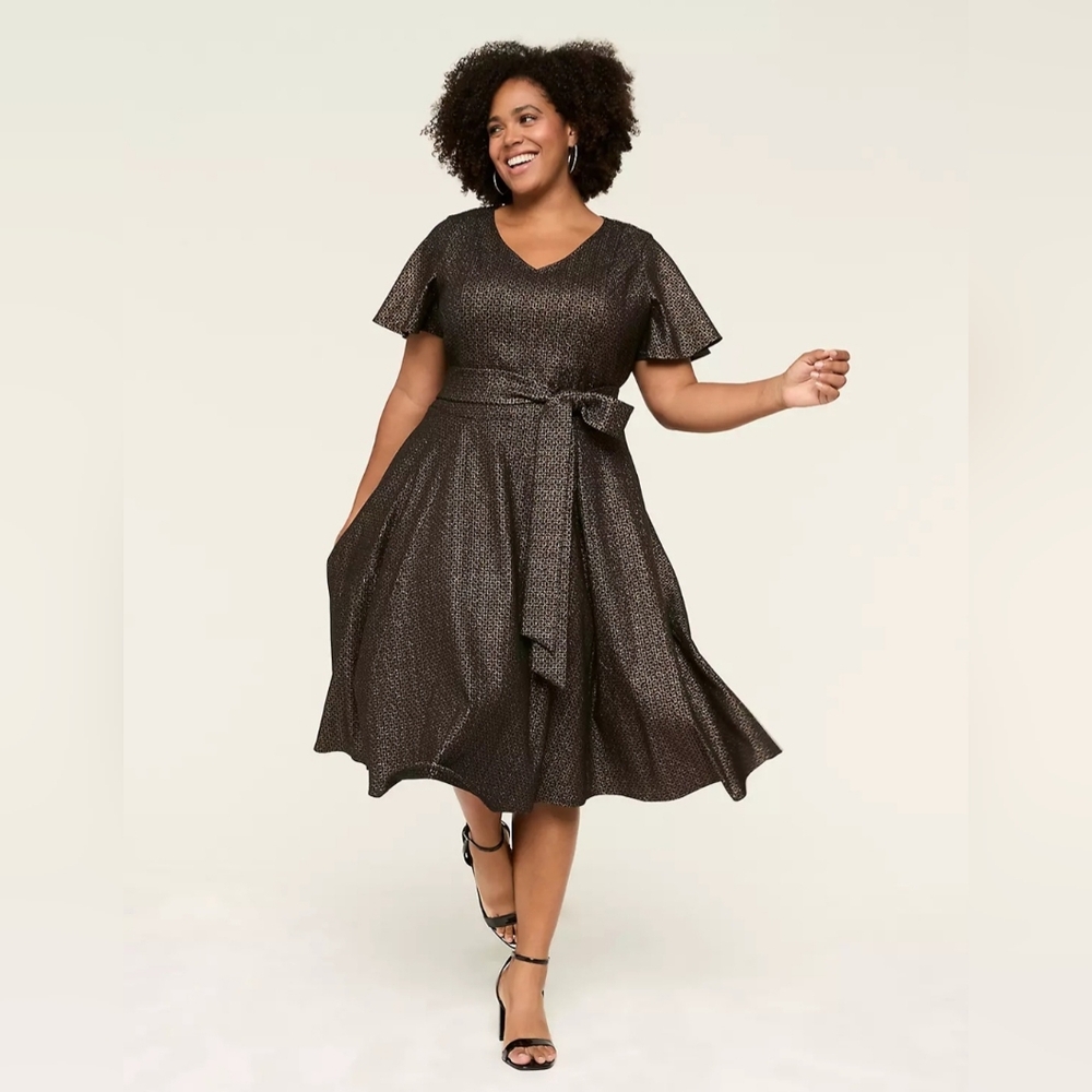 Lane Bryant Black And Gold Metallic Shimmer Knit Lena Midi Dress Size 20 NWT